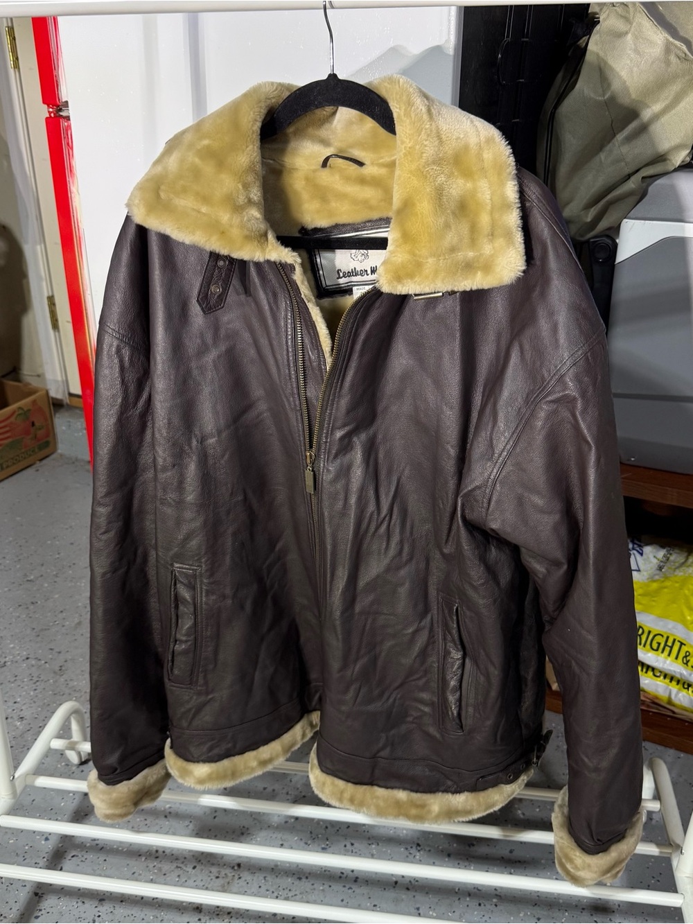 vintage mens aviator leather fur lined brown jacket size 2x